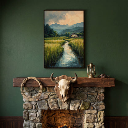 Countryside River Landscape Canvas in dark walnut floating frame