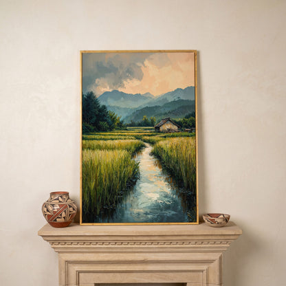 Countryside River Landscape Canvas in white oak floating frame