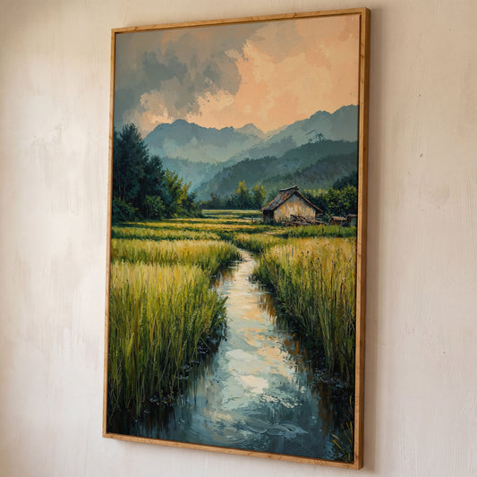 Countryside River Landscape Canvas shown in white oak floating frame