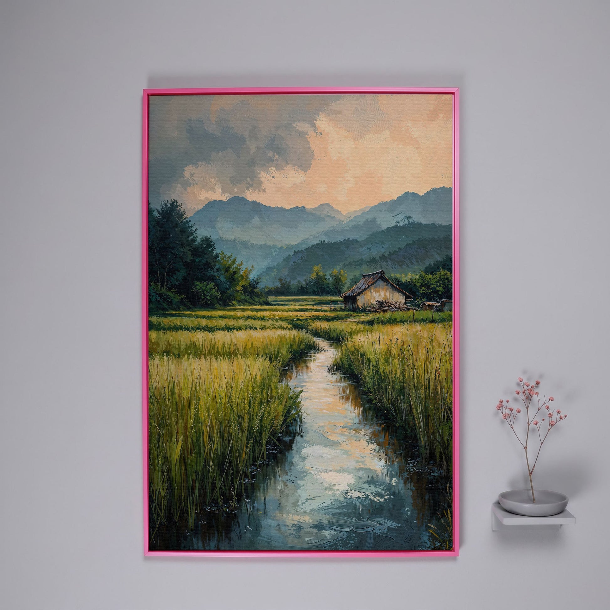 Countryside River Landscape Canvas in pink floating frame