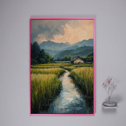 Countryside River Landscape Canvas in pink floating frame