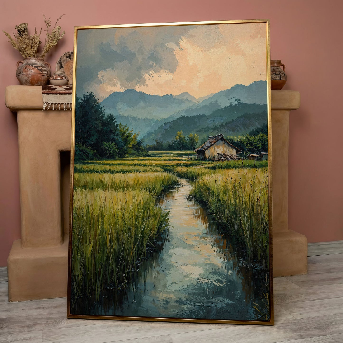 Countryside River Landscape Canvas in rose gold floating frame