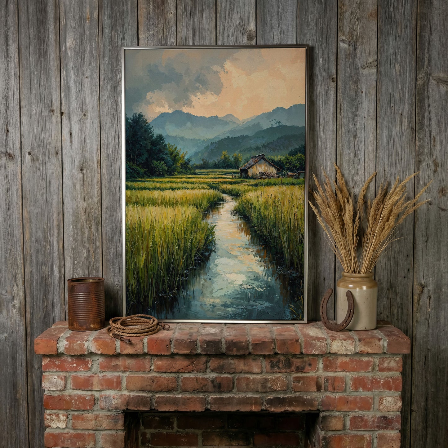 Countryside River Landscape Canvas in silver floating frame