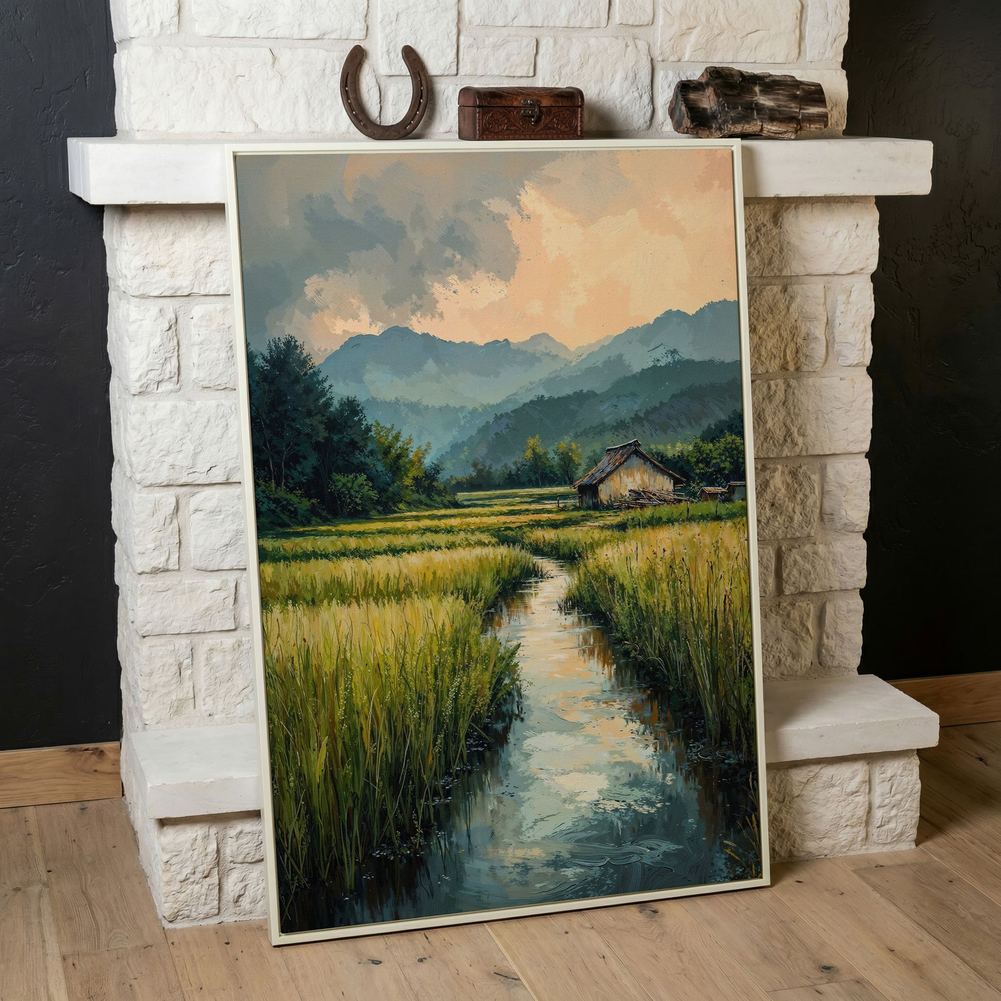 Countryside River Landscape Canvas in white floating frame