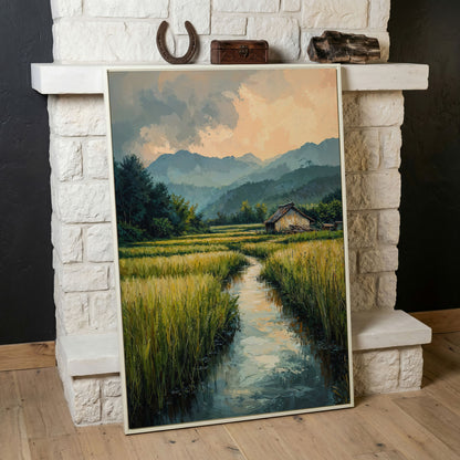 Countryside River Landscape Canvas in white floating frame