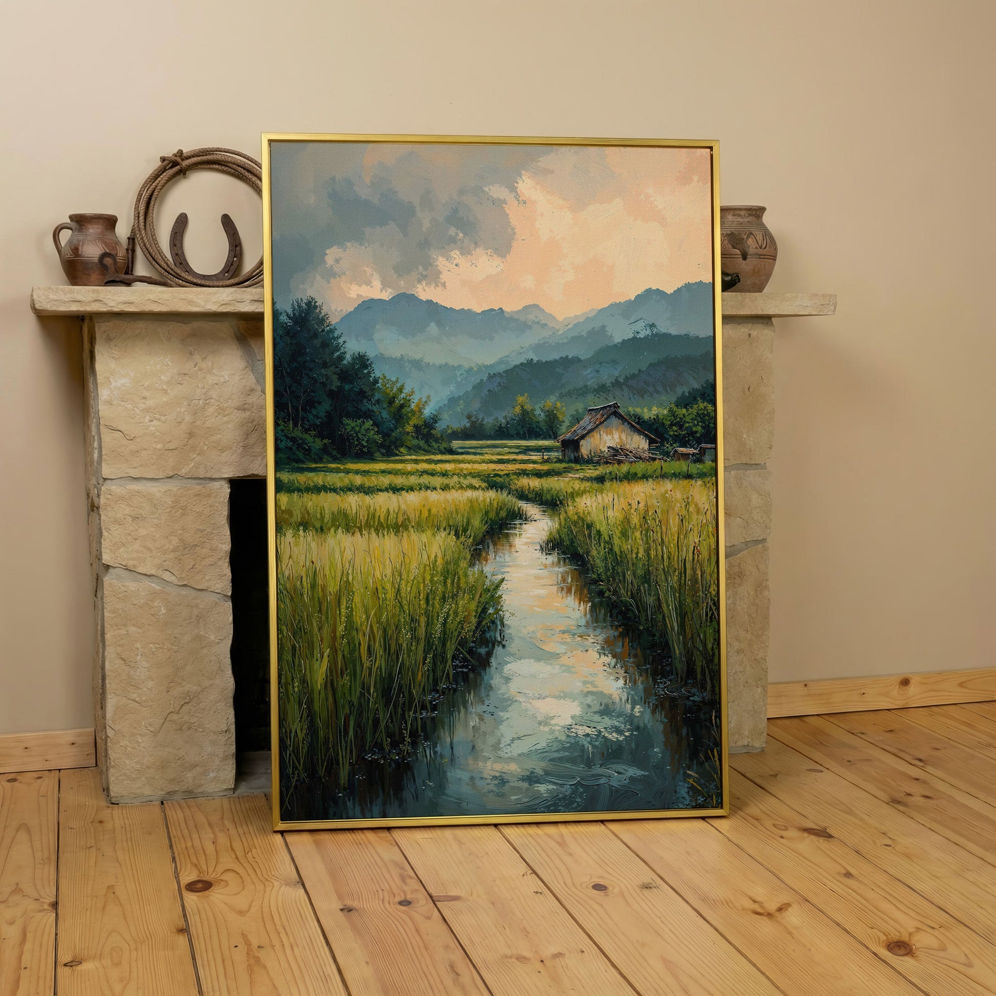 Countryside River Landscape Canvas in yellow gold floating frame