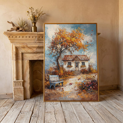 Autumn Cottage Landscape Canvas in antique gold floating frame