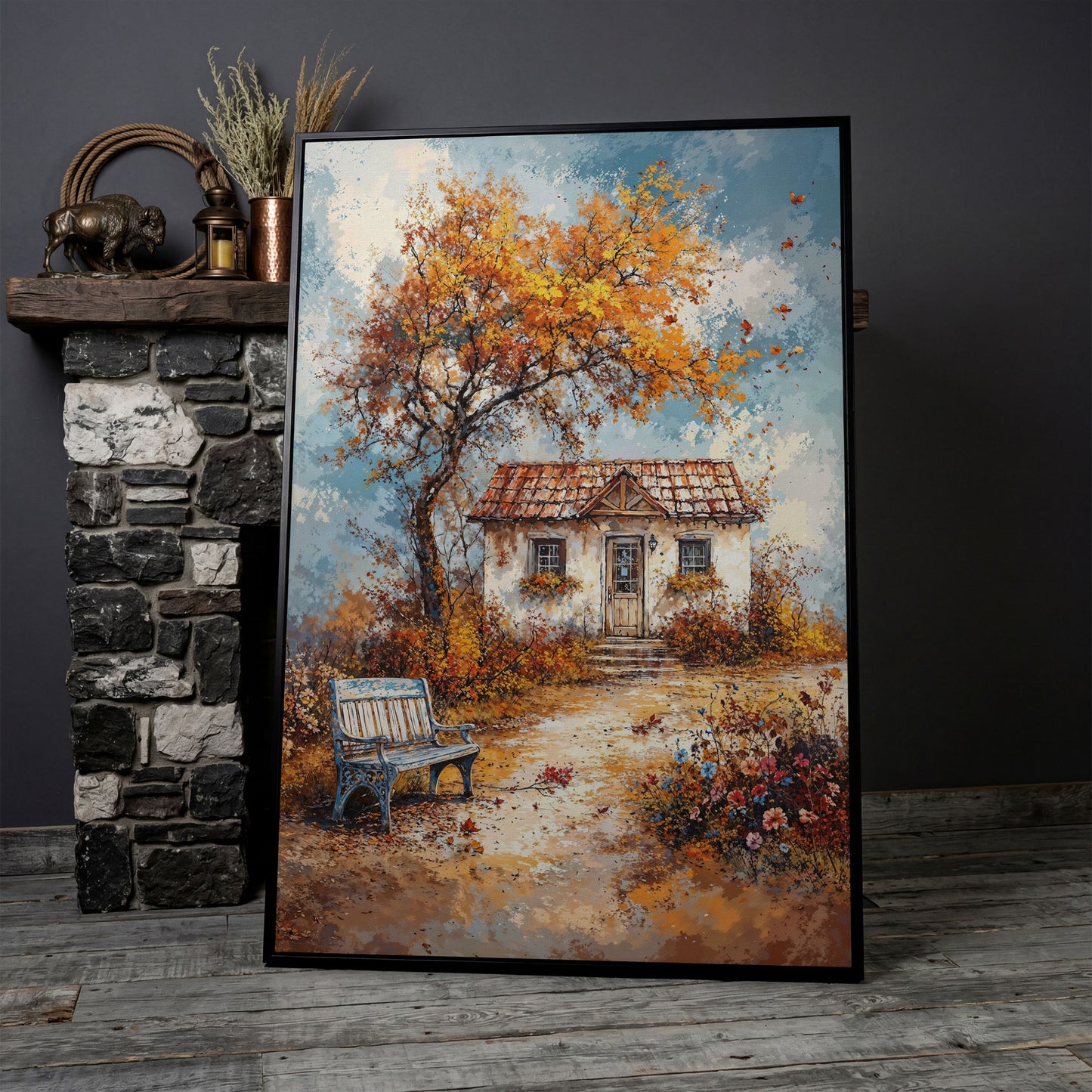 Autumn Cottage Landscape Canvas in black floating frame