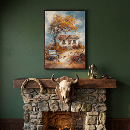 Autumn Cottage Landscape Canvas in dark walnut floating frame