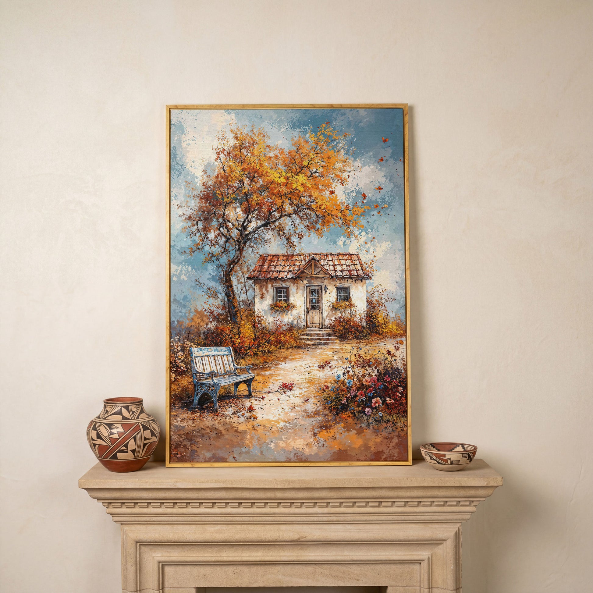 Autumn Cottage Landscape Canvas in white oak floating frame