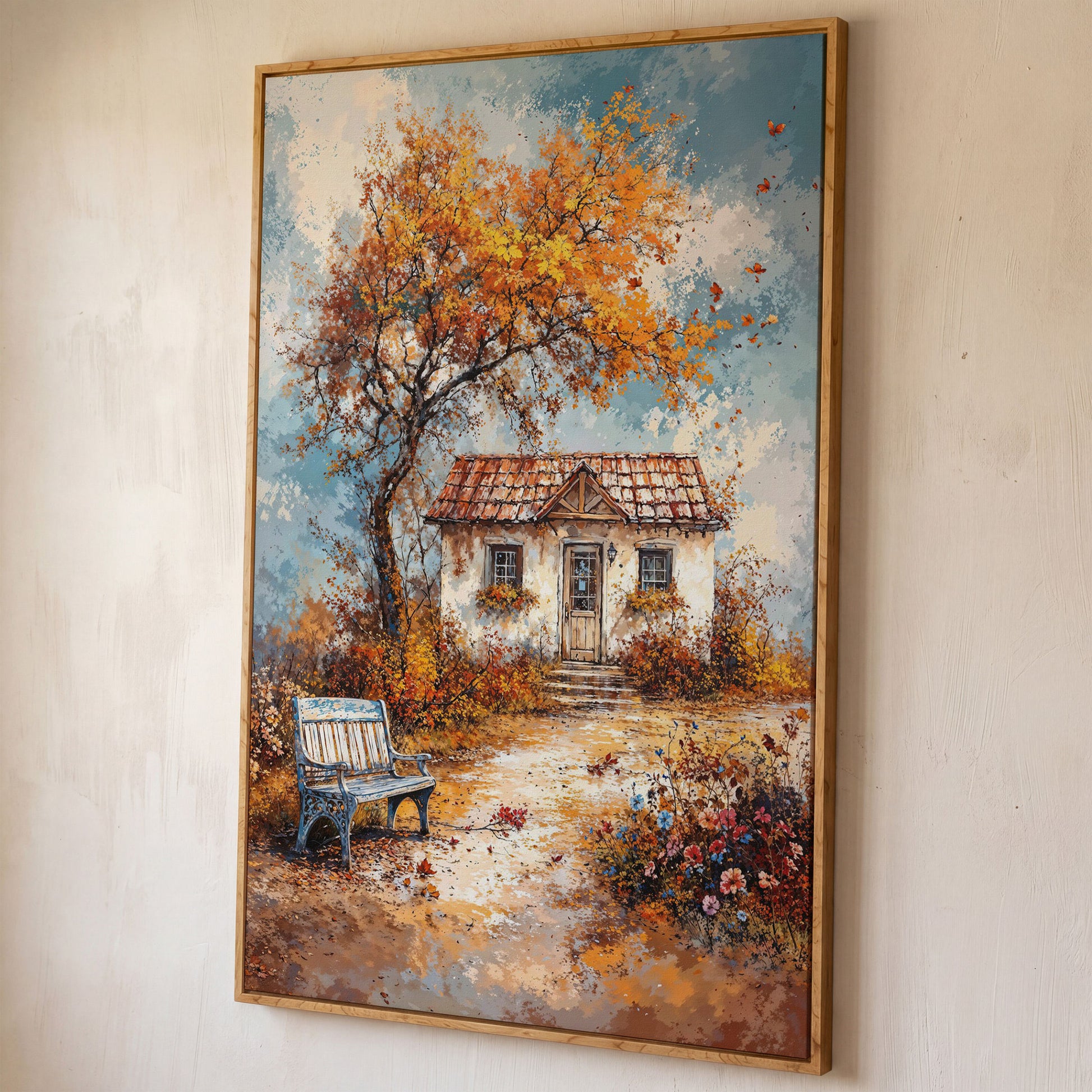 Autumn Cottage Landscape Canvas shown in white oak floating frame
