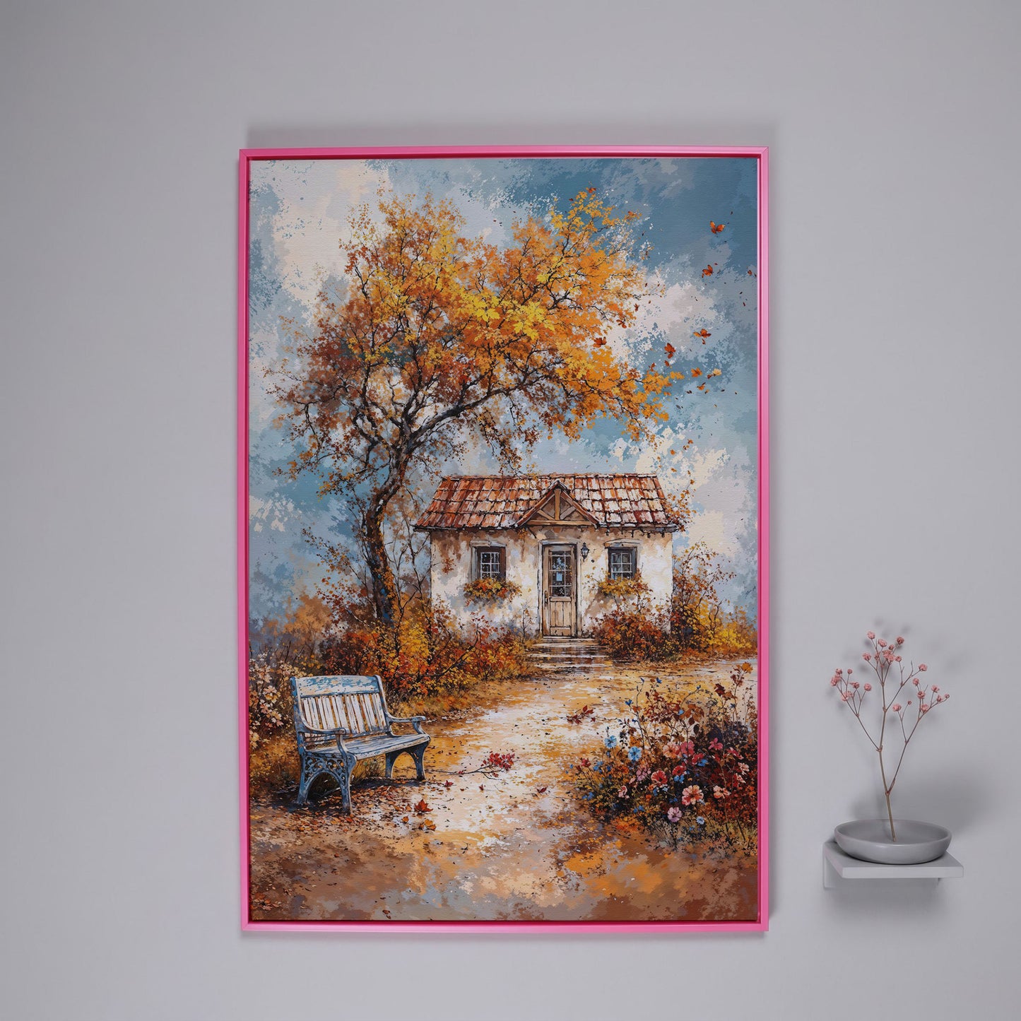 Autumn Cottage Landscape Canvas in pink floating frame