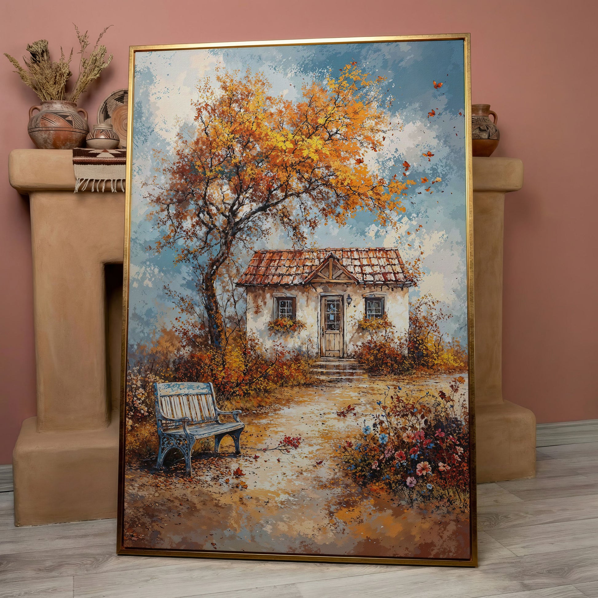 Autumn Cottage Landscape Canvas in rose gold floating frame