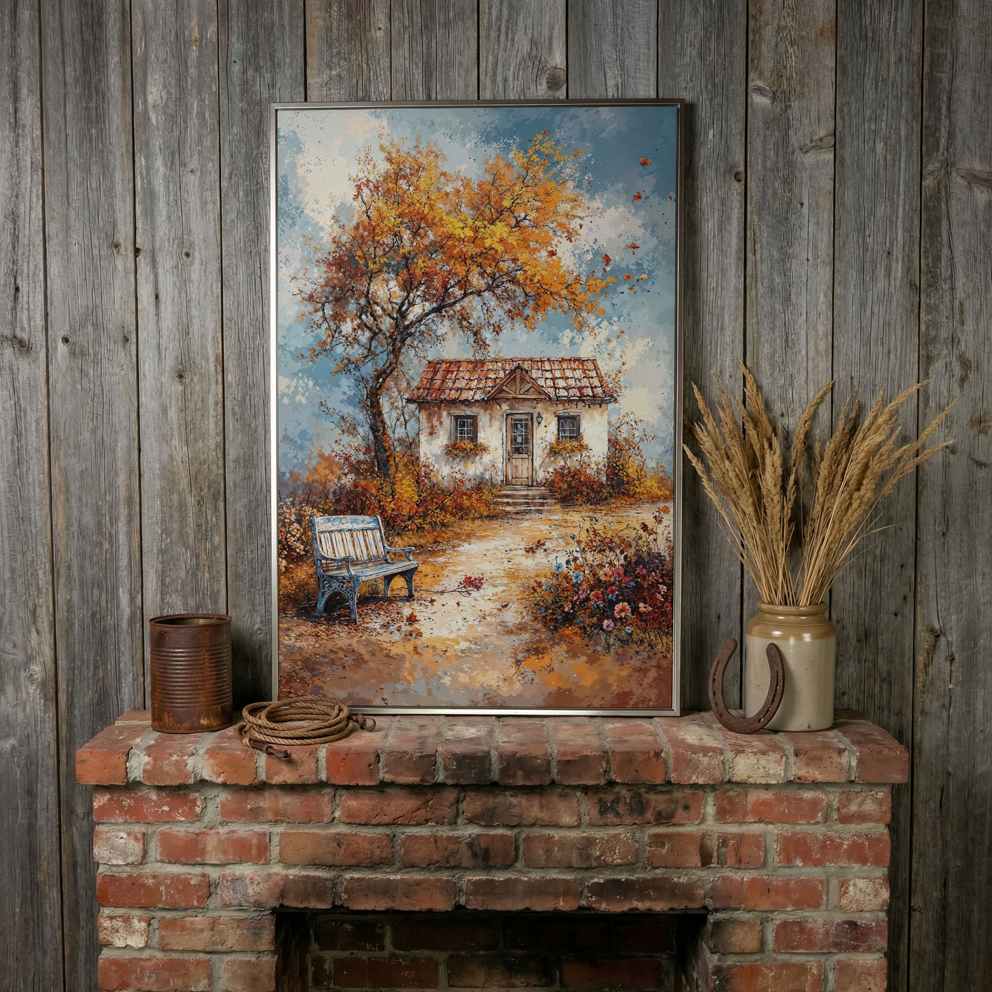 Autumn Cottage Landscape Canvas in silver floating frame