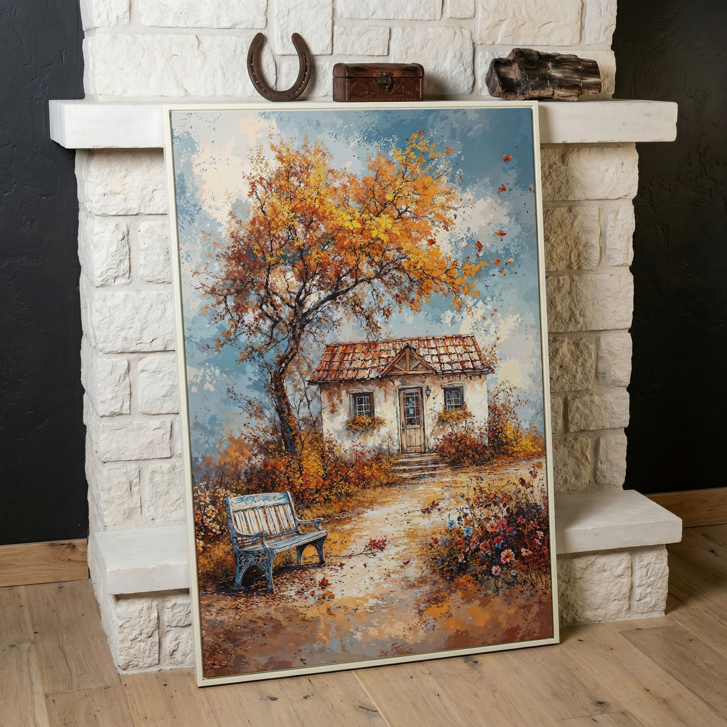 Autumn Cottage Landscape Canvas in white floating frame
