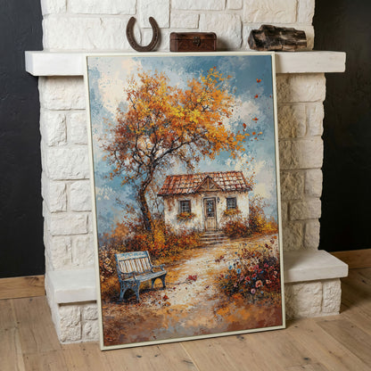 Autumn Cottage Landscape Canvas in white floating frame