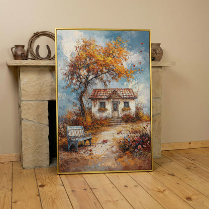 Autumn Cottage Landscape Canvas in yellow gold floating frame