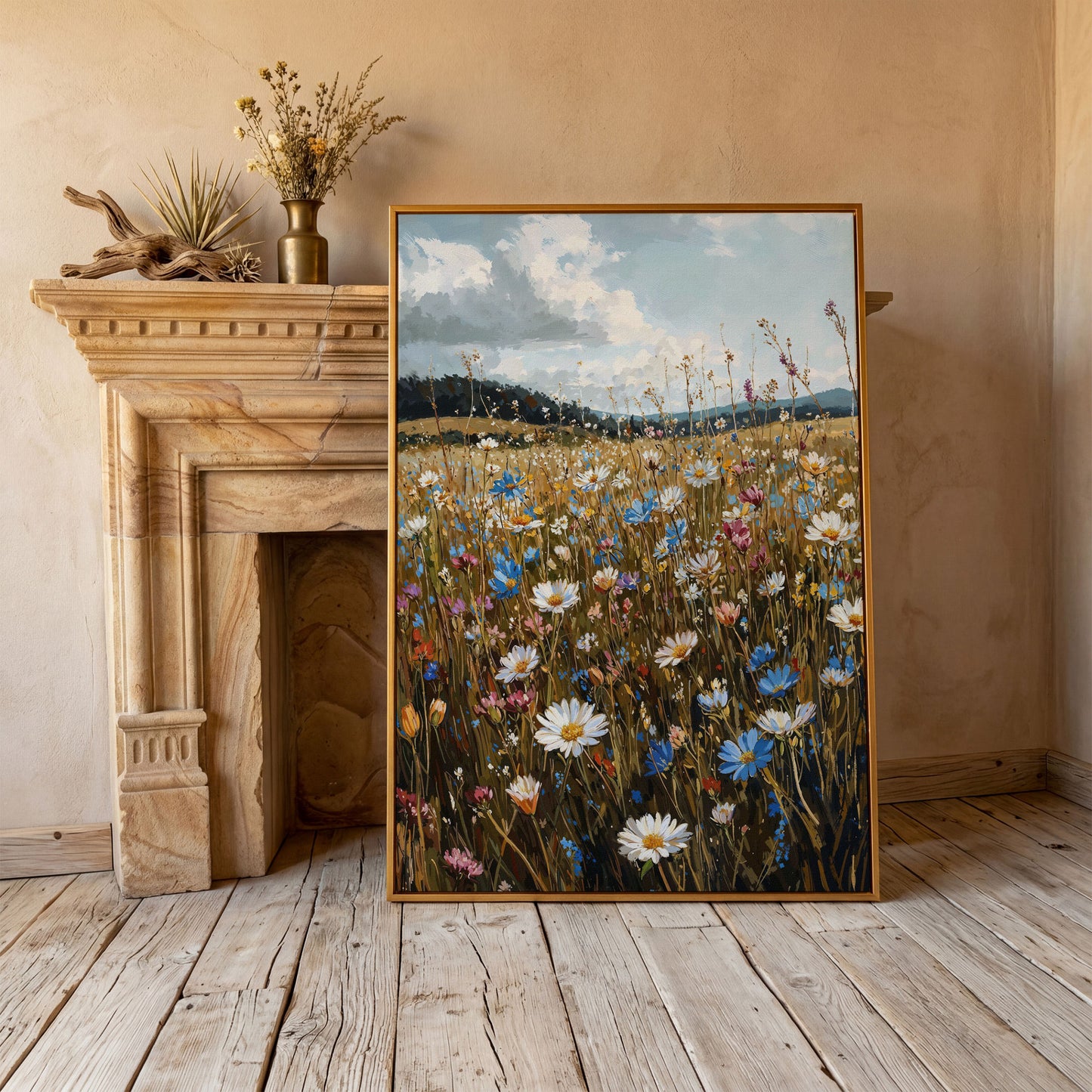 Summer Meadow with Wildflowers Canvas in antique gold floating frame