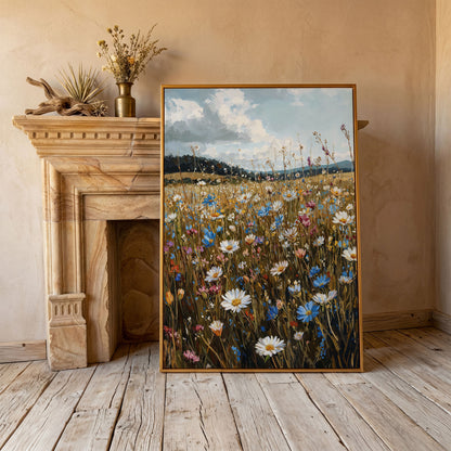 Summer Meadow with Wildflowers Canvas in antique gold floating frame
