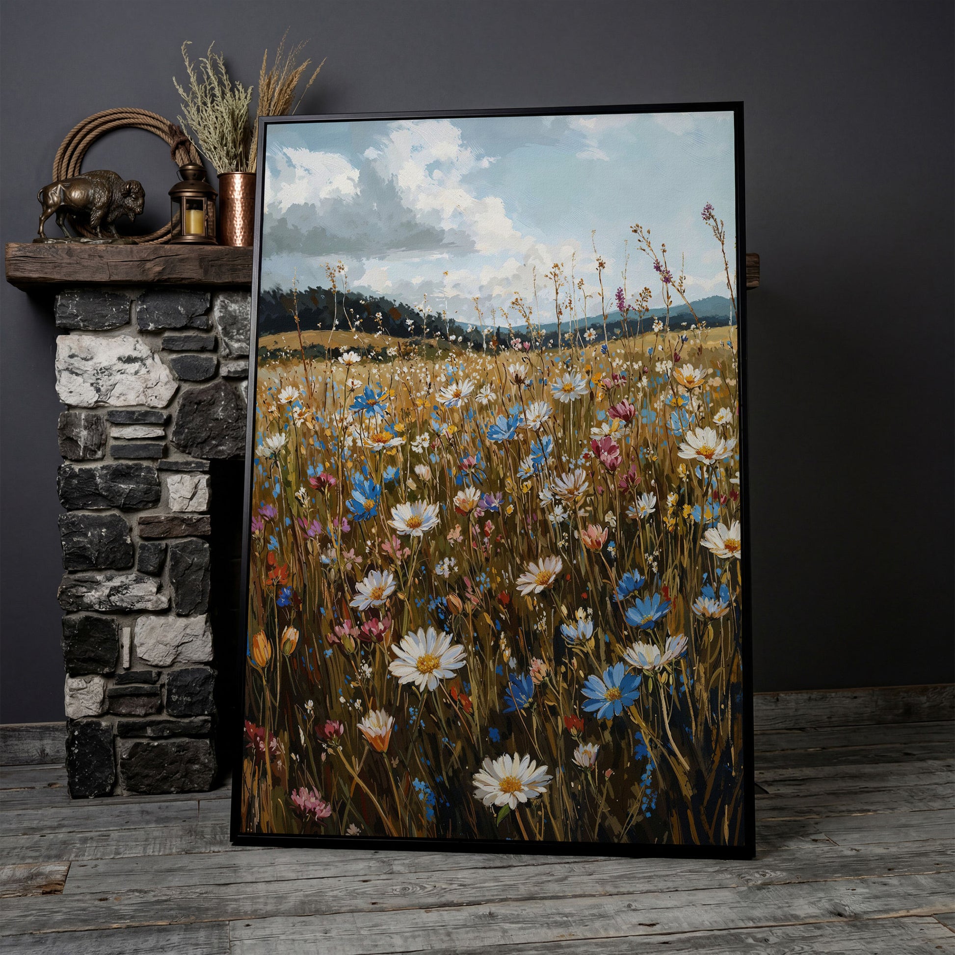 Summer Meadow with Wildflowers Canvas in black floating frame
