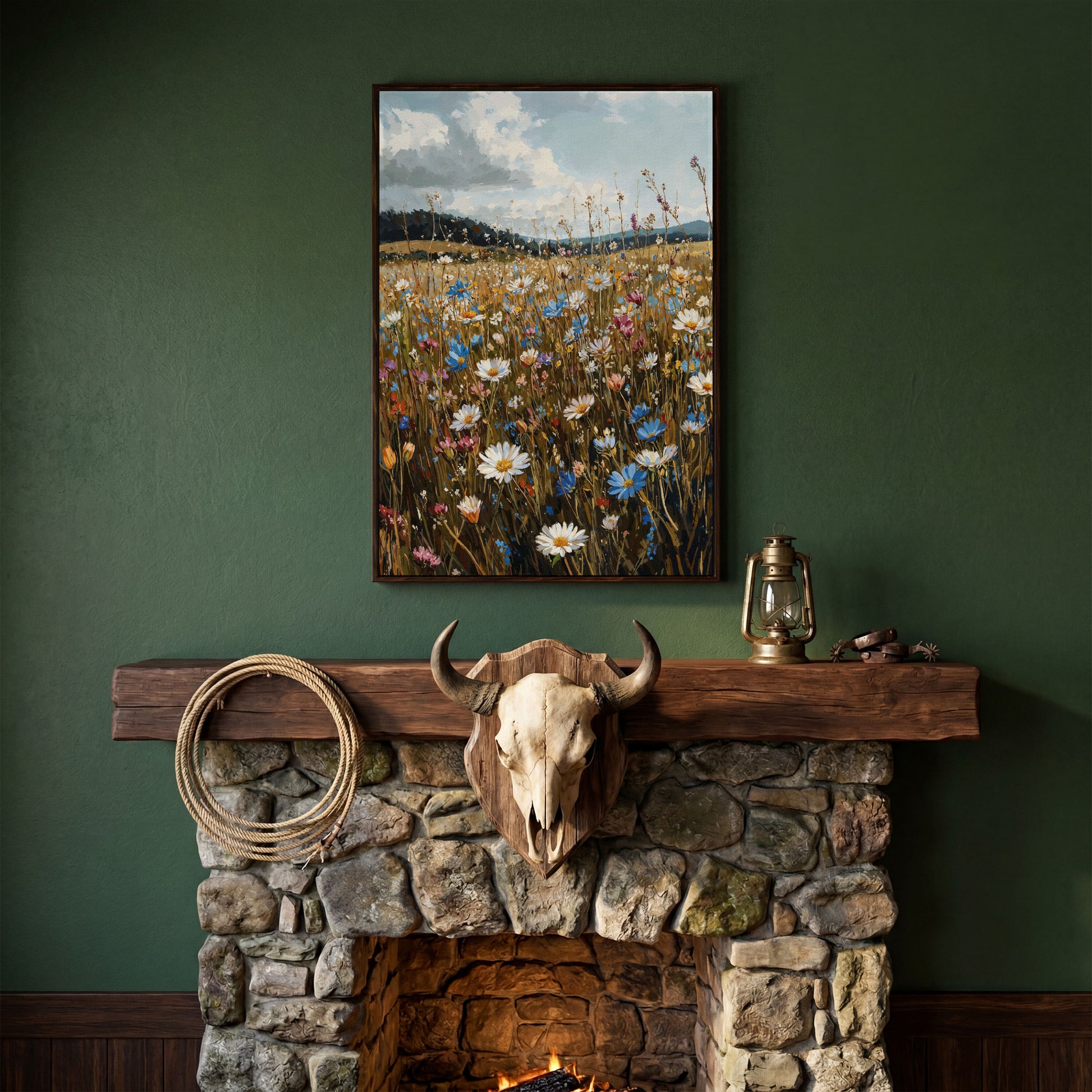 Summer Meadow with Wildflowers Canvas in dark walnut floating frame