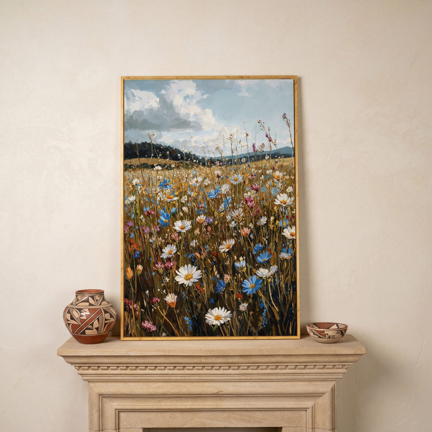 Summer Meadow with Wildflowers Canvas in white oak floating frame