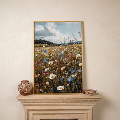 Summer Meadow with Wildflowers Canvas in white oak floating frame