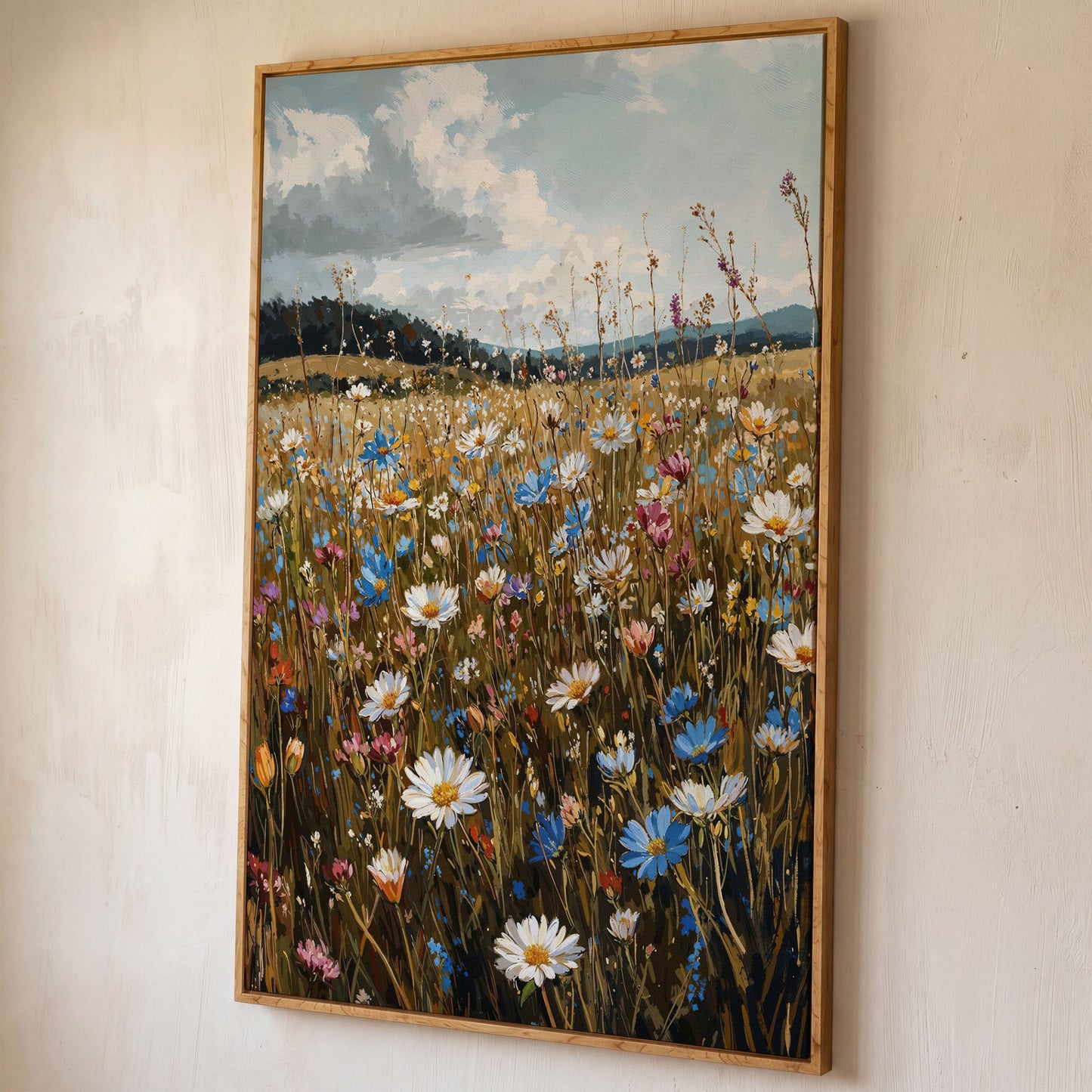 Summer Meadow with Wildflowers Canvas shown in white oak floating frame