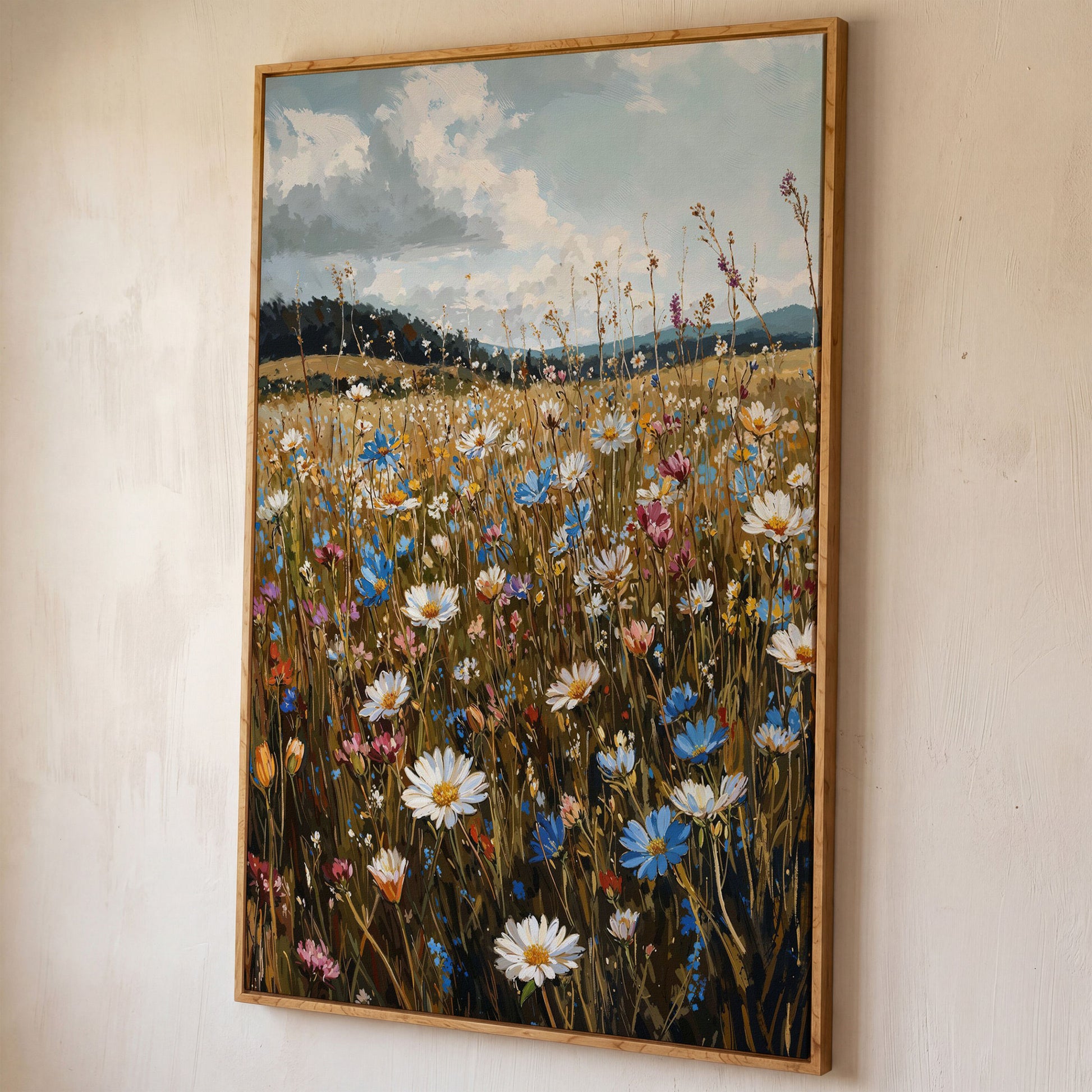 Summer Meadow with Wildflowers Canvas shown in white oak floating frame