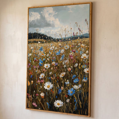 Summer Meadow with Wildflowers Canvas shown in white oak floating frame