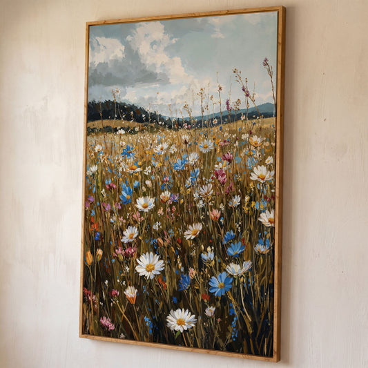 Summer Meadow with Wildflowers Canvas shown in white oak floating frame