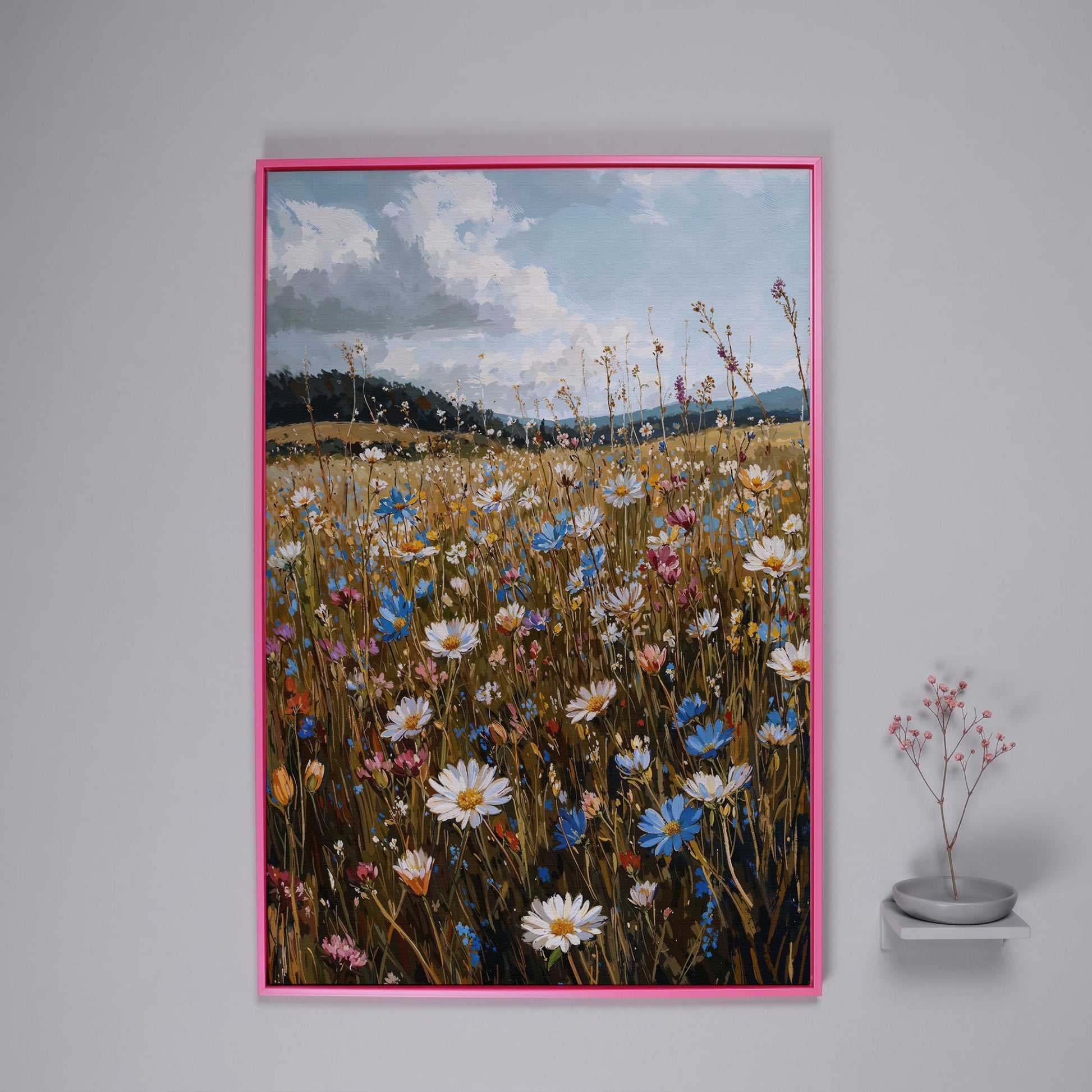 Summer Meadow with Wildflowers Canvas in pink floating frame