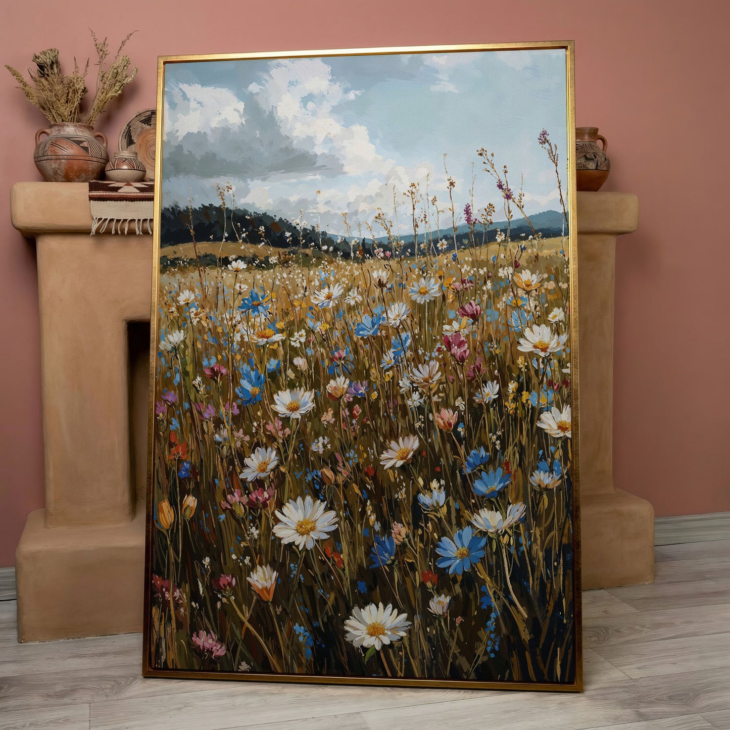 Summer Meadow with Wildflowers Canvas in rose gold floating frame