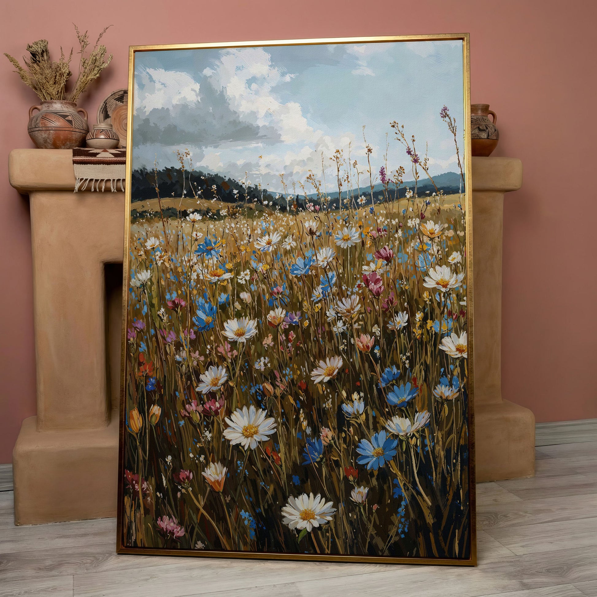 Summer Meadow with Wildflowers Canvas in rose gold floating frame