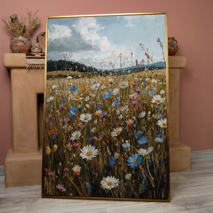Summer Meadow with Wildflowers Canvas in rose gold floating frame