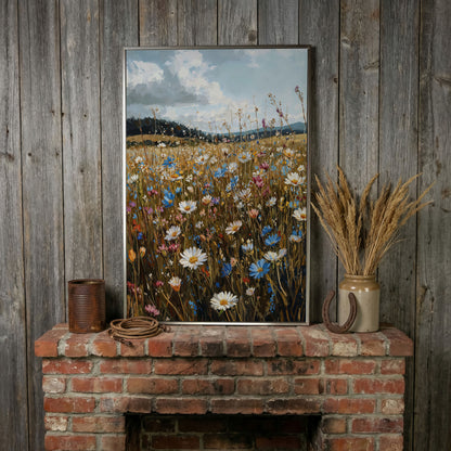 Summer Meadow with Wildflowers Canvas in silver floating frame