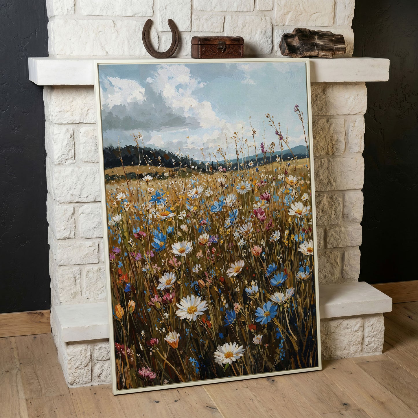 Summer Meadow with Wildflowers Canvas in white floating frame