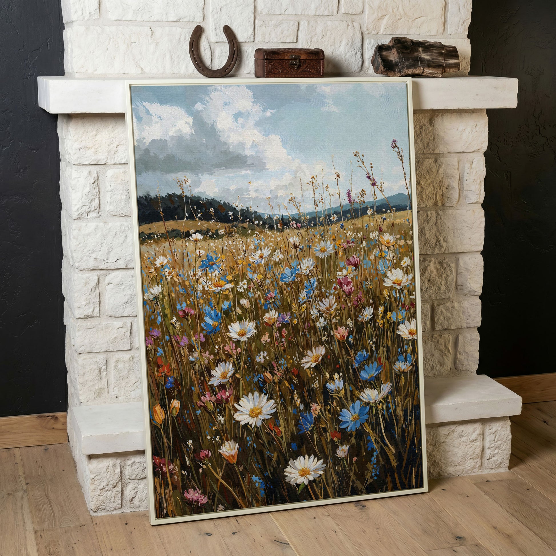 Summer Meadow with Wildflowers Canvas in white floating frame
