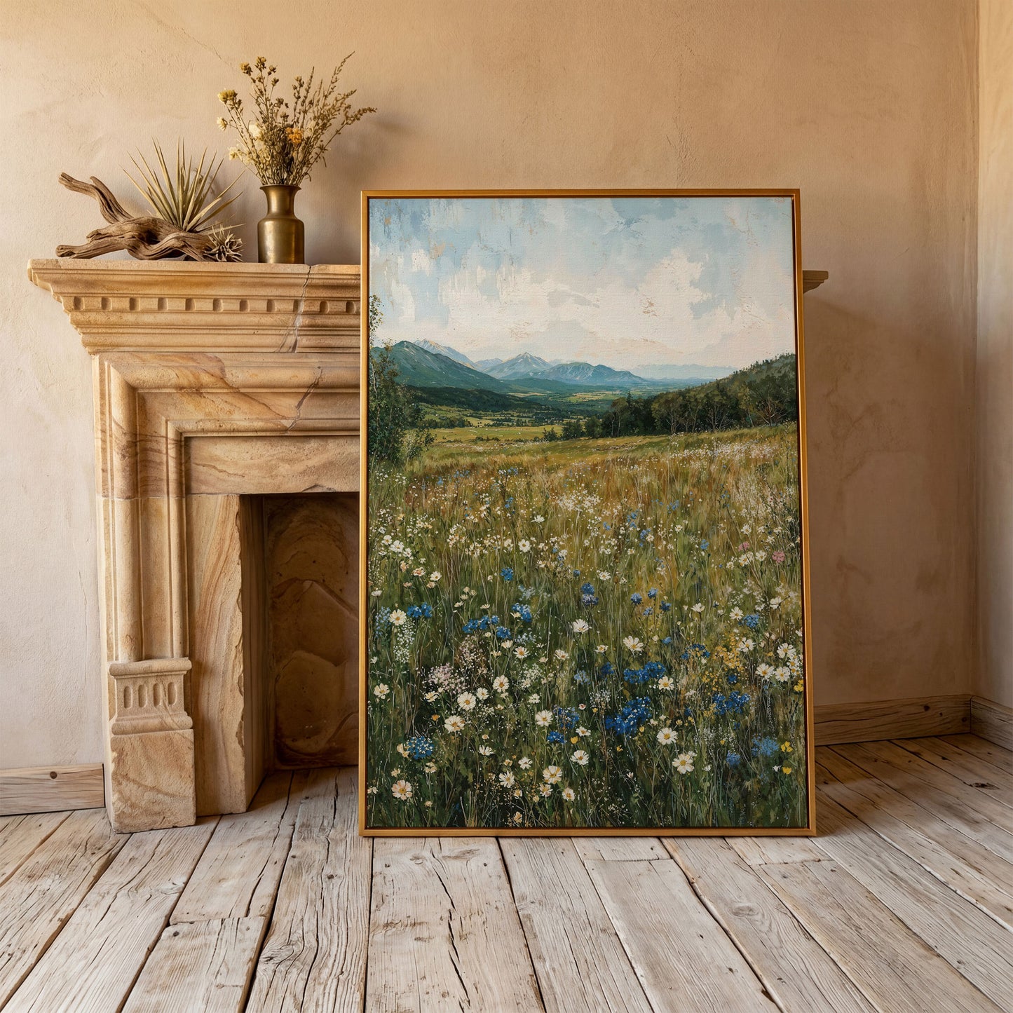 Mountain Wildflower Meadow Canvas in antique gold floating frame