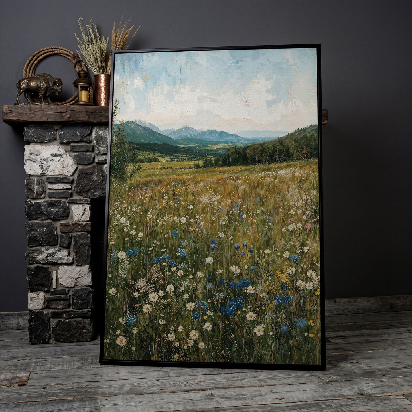 Mountain Wildflower Meadow Canvas in black floating frame