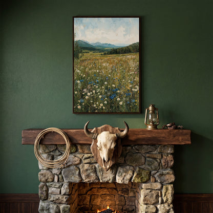 Mountain Wildflower Meadow Canvas in dark walnut floating frame