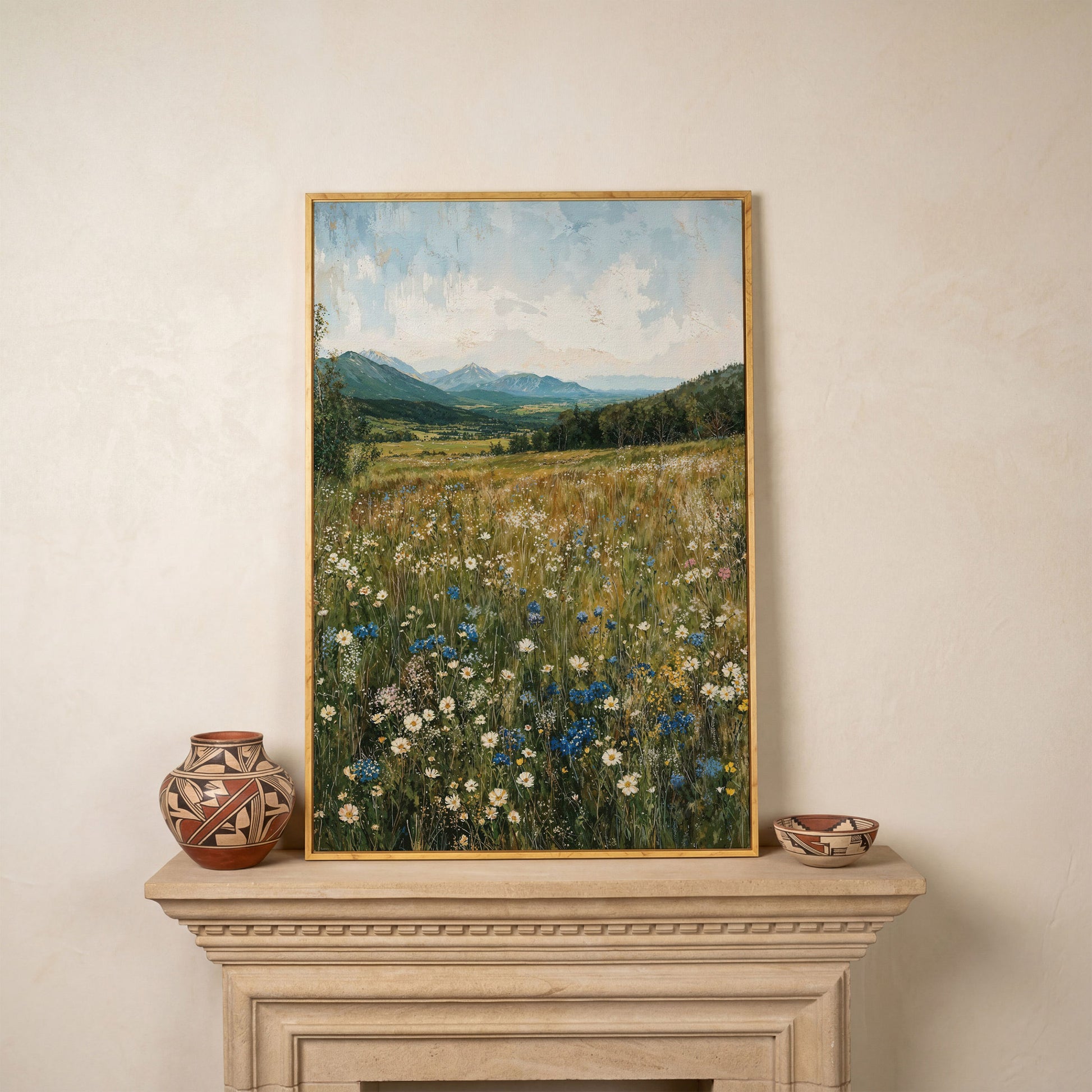 Mountain Wildflower Meadow Canvas in white oak floating frame