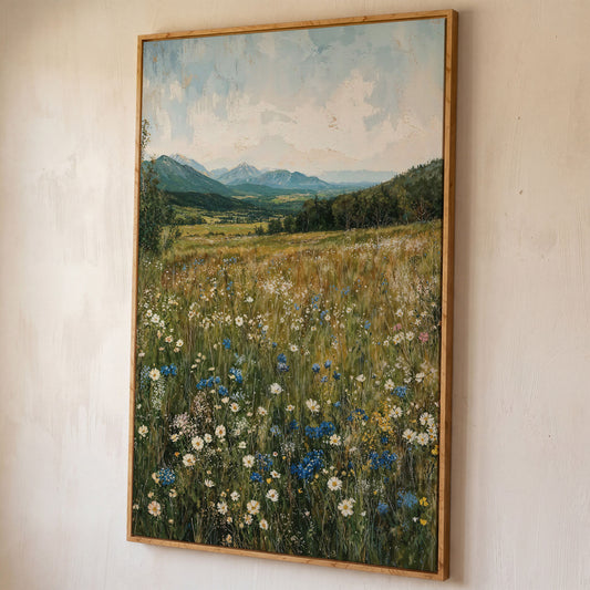 Mountain Wildflower Meadow Canvas shown in white oak floating frame