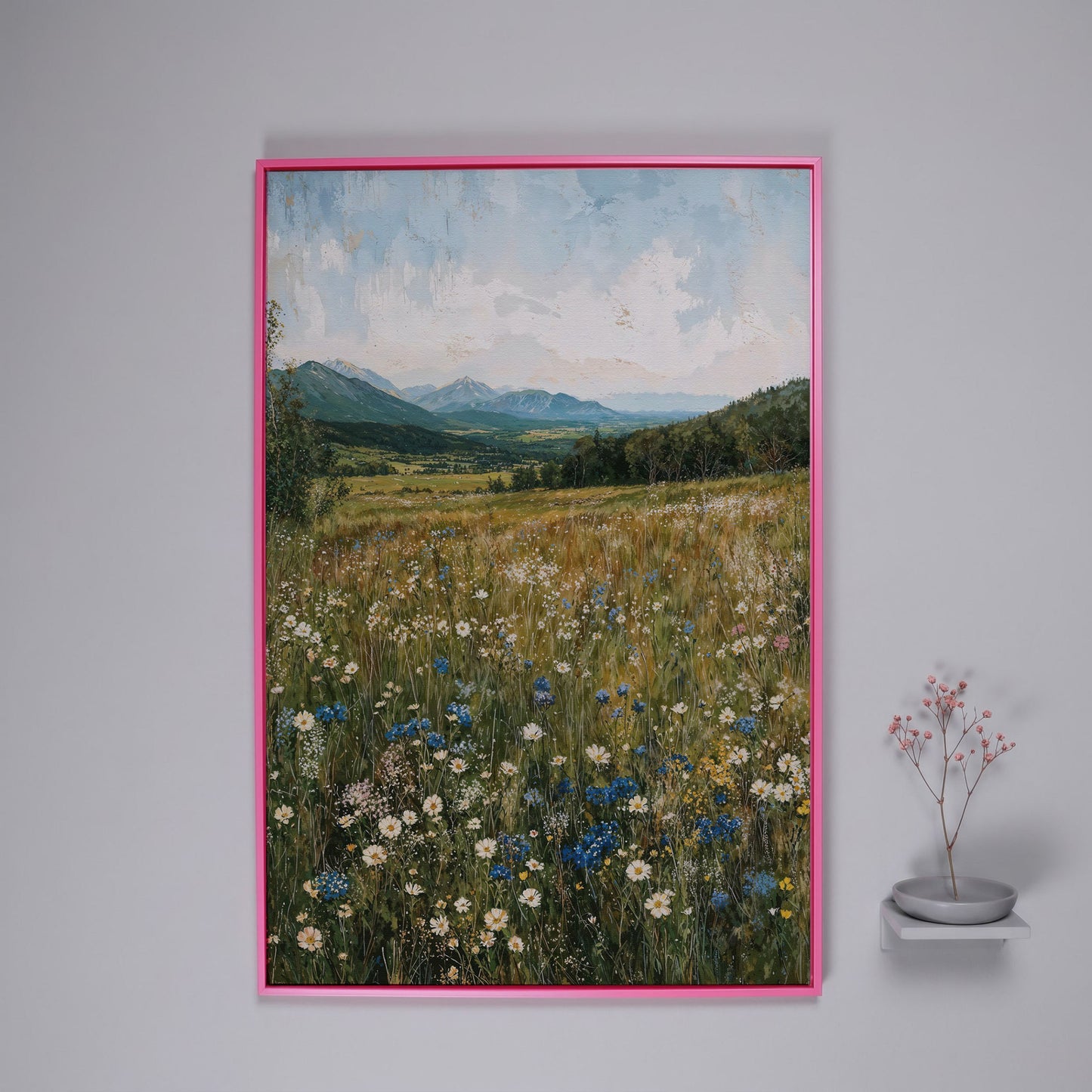 Mountain Wildflower Meadow Canvas in pink floating frame