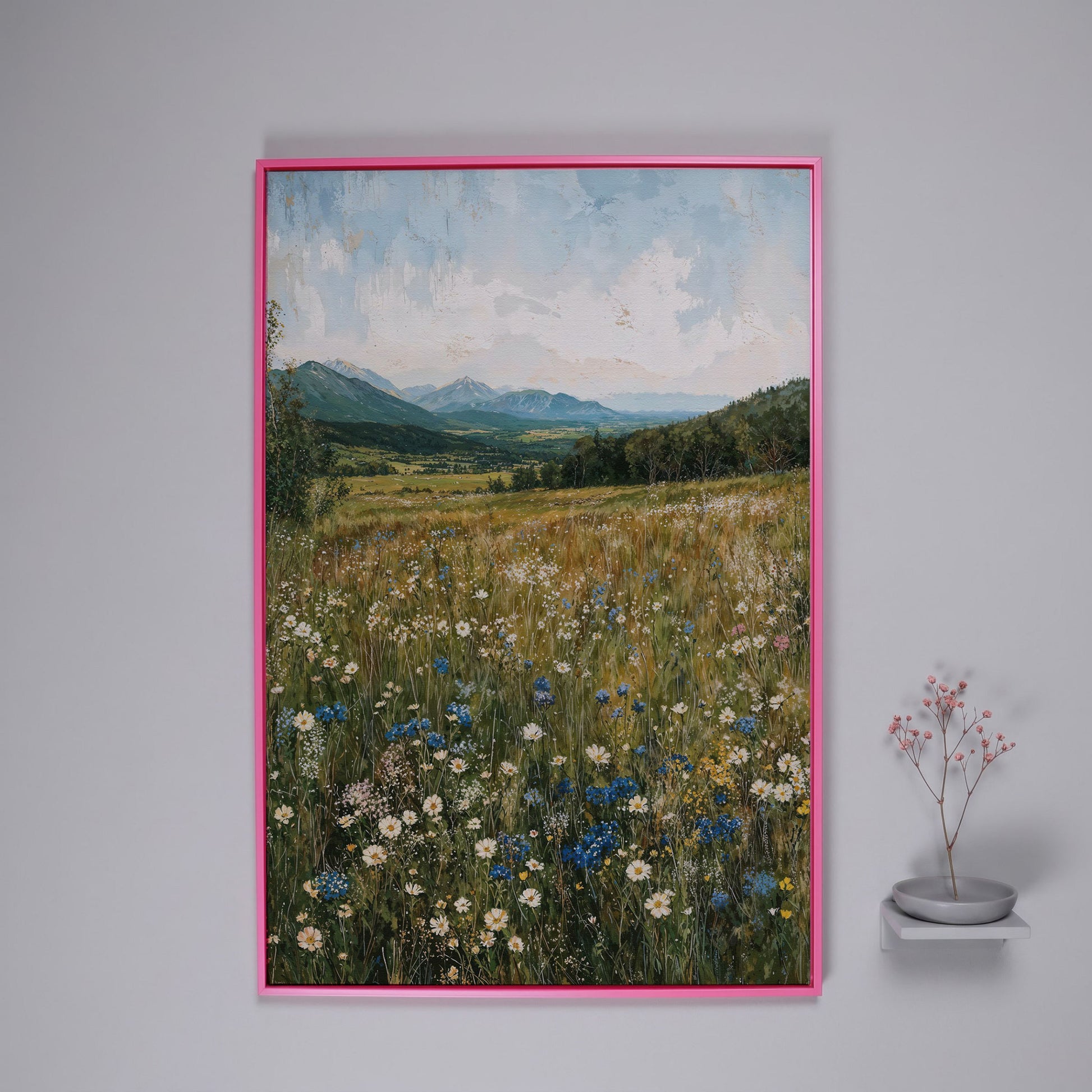 Mountain Wildflower Meadow Canvas in pink floating frame