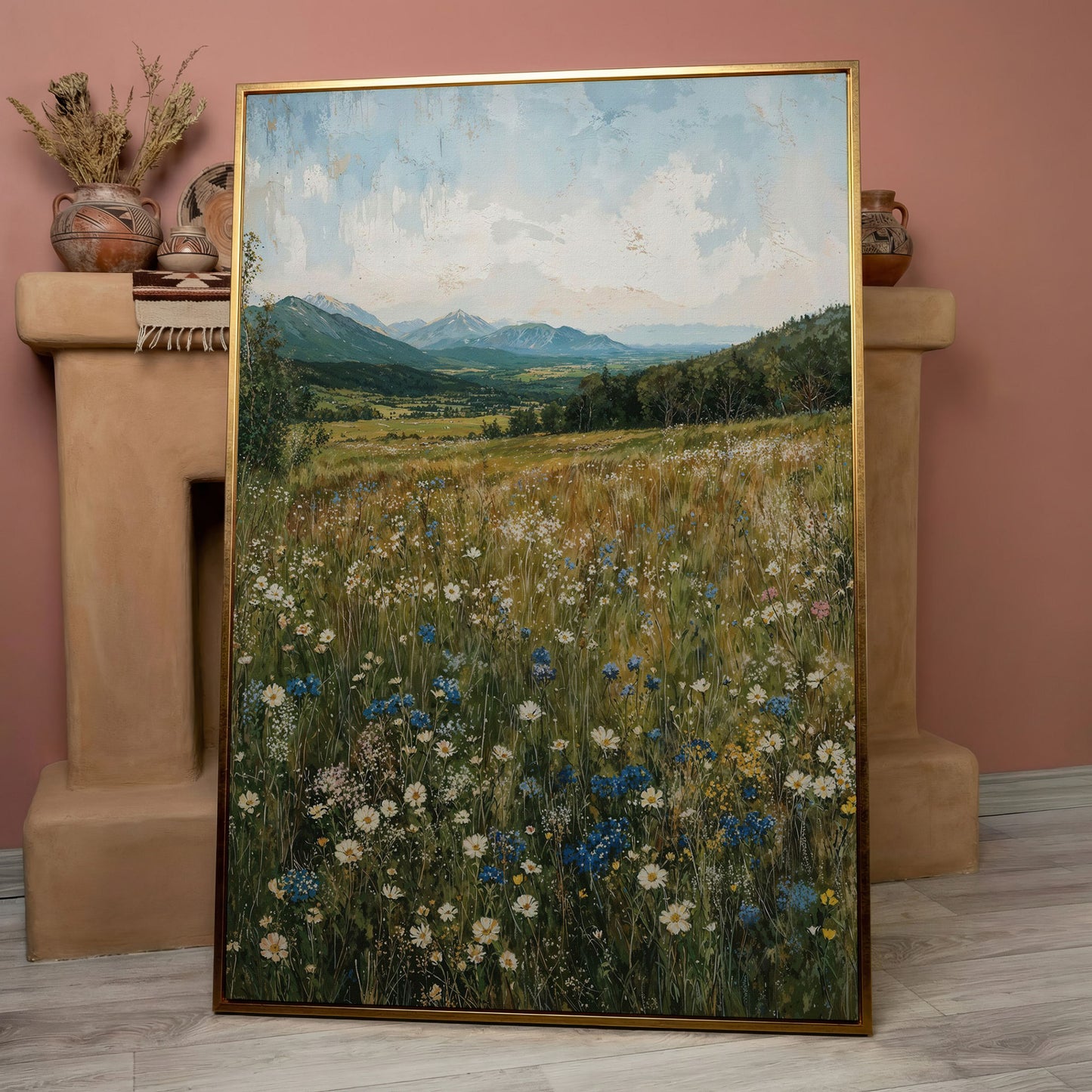 Mountain Wildflower Meadow Canvas in rose gold floating frame