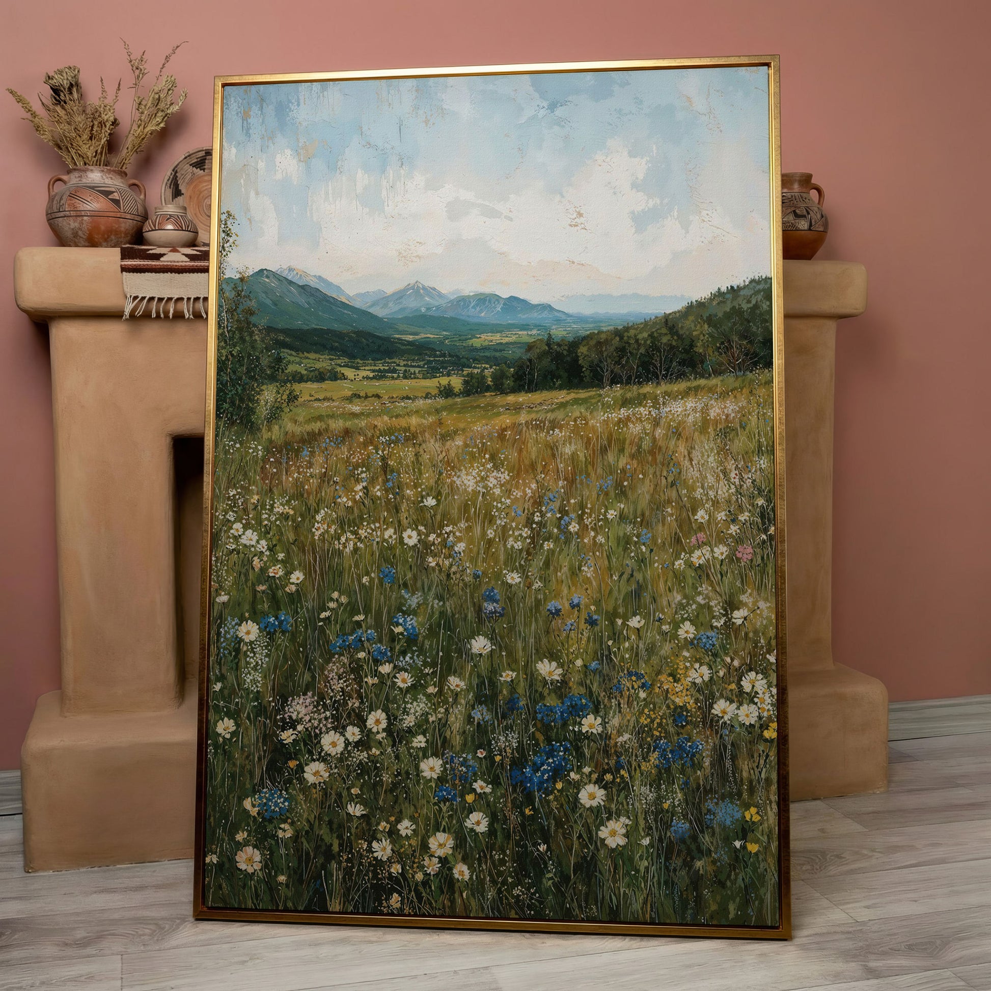 Mountain Wildflower Meadow Canvas in rose gold floating frame