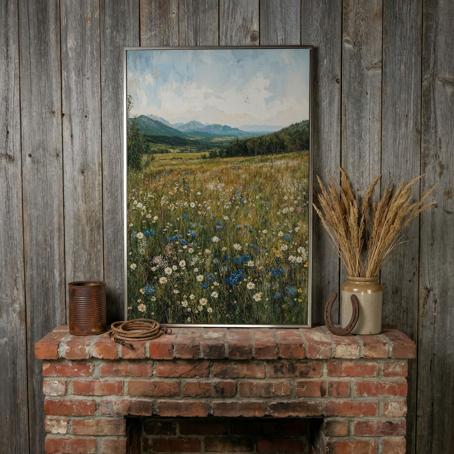 Mountain Wildflower Meadow Canvas in silver floating frame