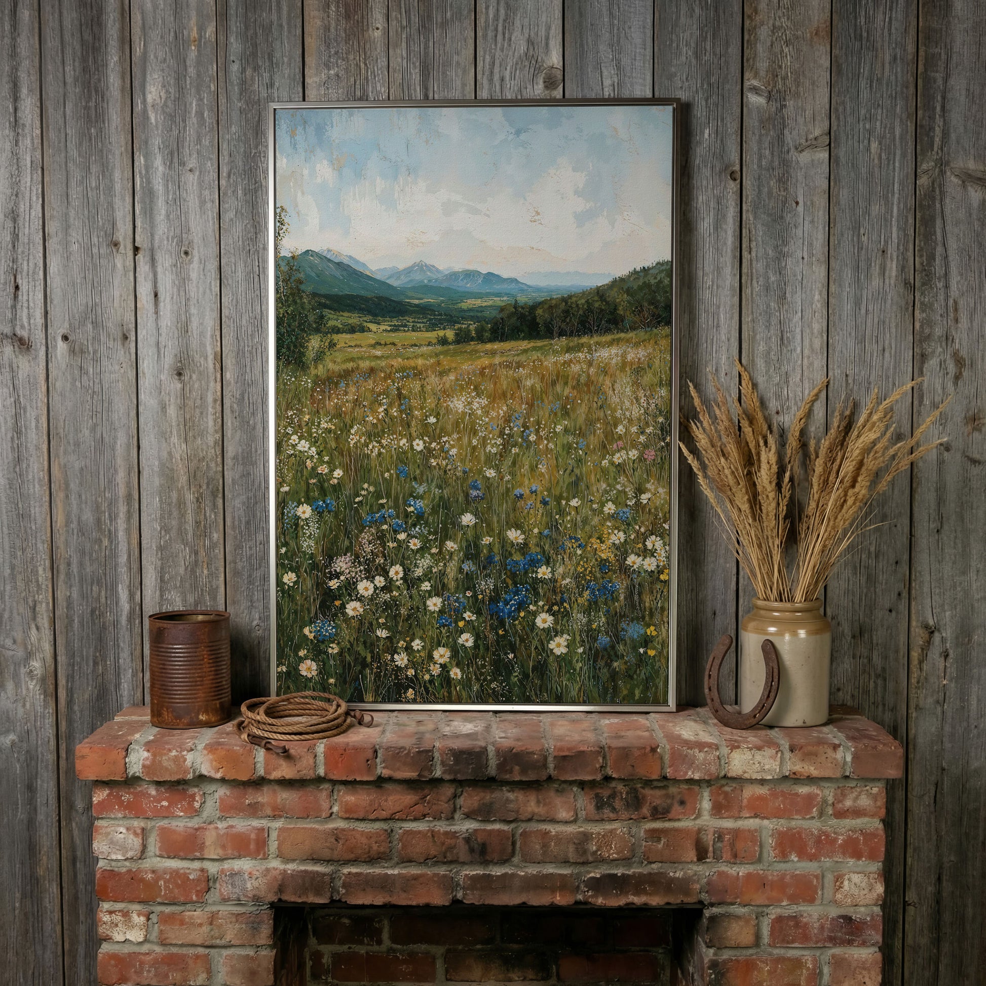 Mountain Wildflower Meadow Canvas in silver floating frame