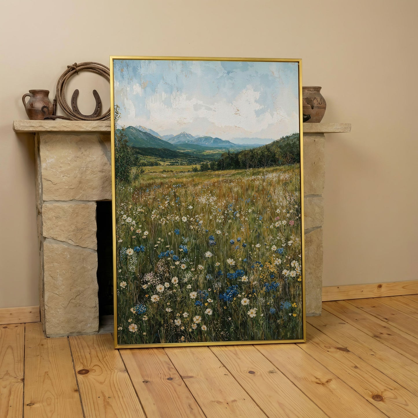 Mountain Wildflower Meadow Canvas in yellow gold floating frame